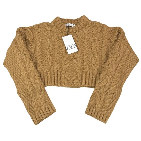 NWT ZARA Bloggers Fave Cable Knit Cropped Sweater Tan Brown Size Small - Picture 9 of 11